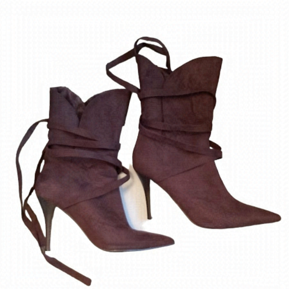 Anne Michelle Brown Slip On Faux Fur Lace Up Pointed Ankle Boots - Size 8.5